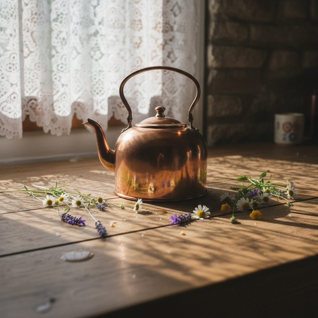 Morning light filtering through a lace curtain onto a wooden kitchen table with a copper kettle and scattered wildflowers