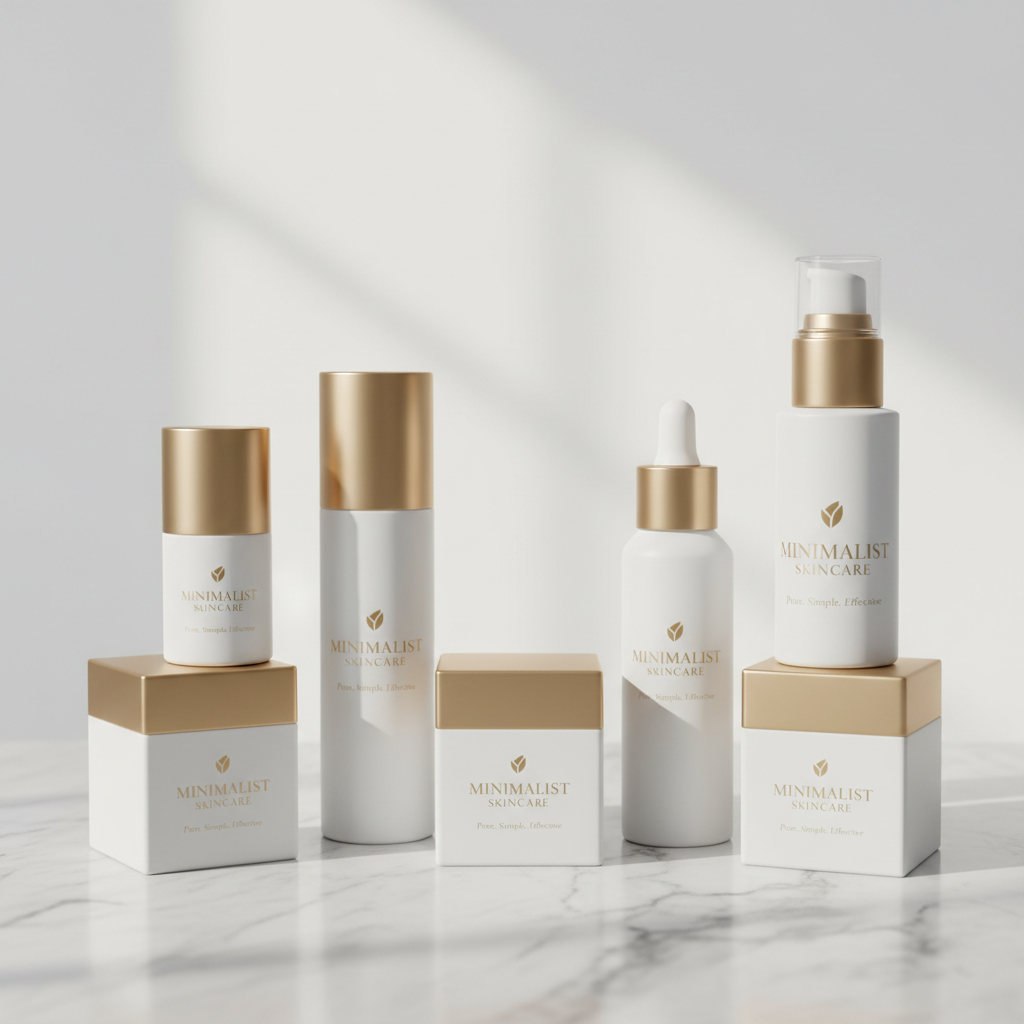 Premium skincare products with gold packaging on marble surface, luxury beauty