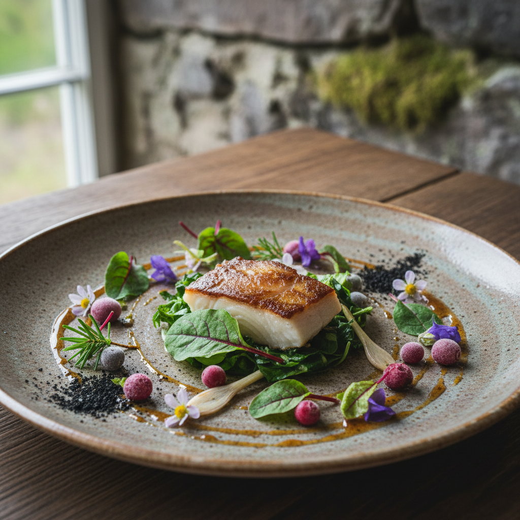 New Nordic cuisine plated with foraged herbs and flowers at a Copenhagen fine dining restaurant