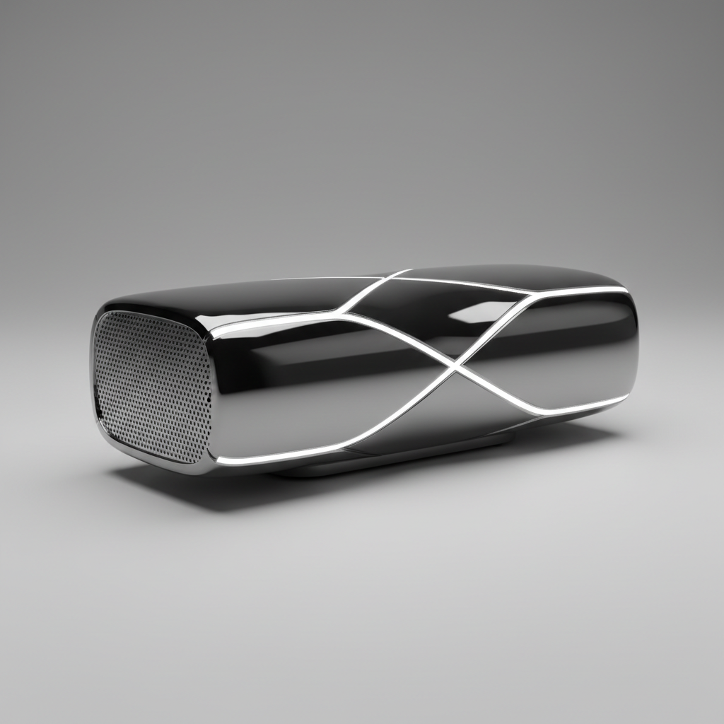 Sleek product render on dark studio background with dramatic rim lighting and reflective surface