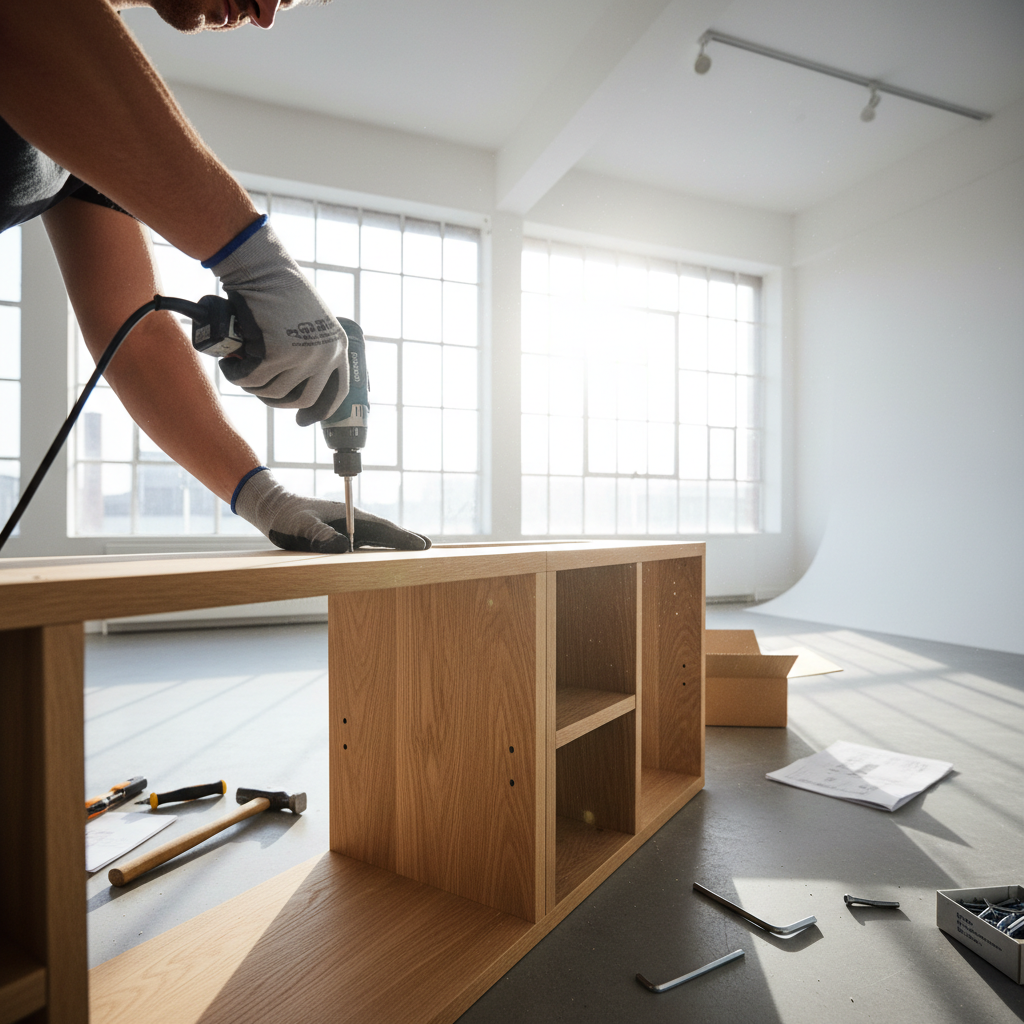 Skilled technician assembling modern furniture with professional tools in bright room