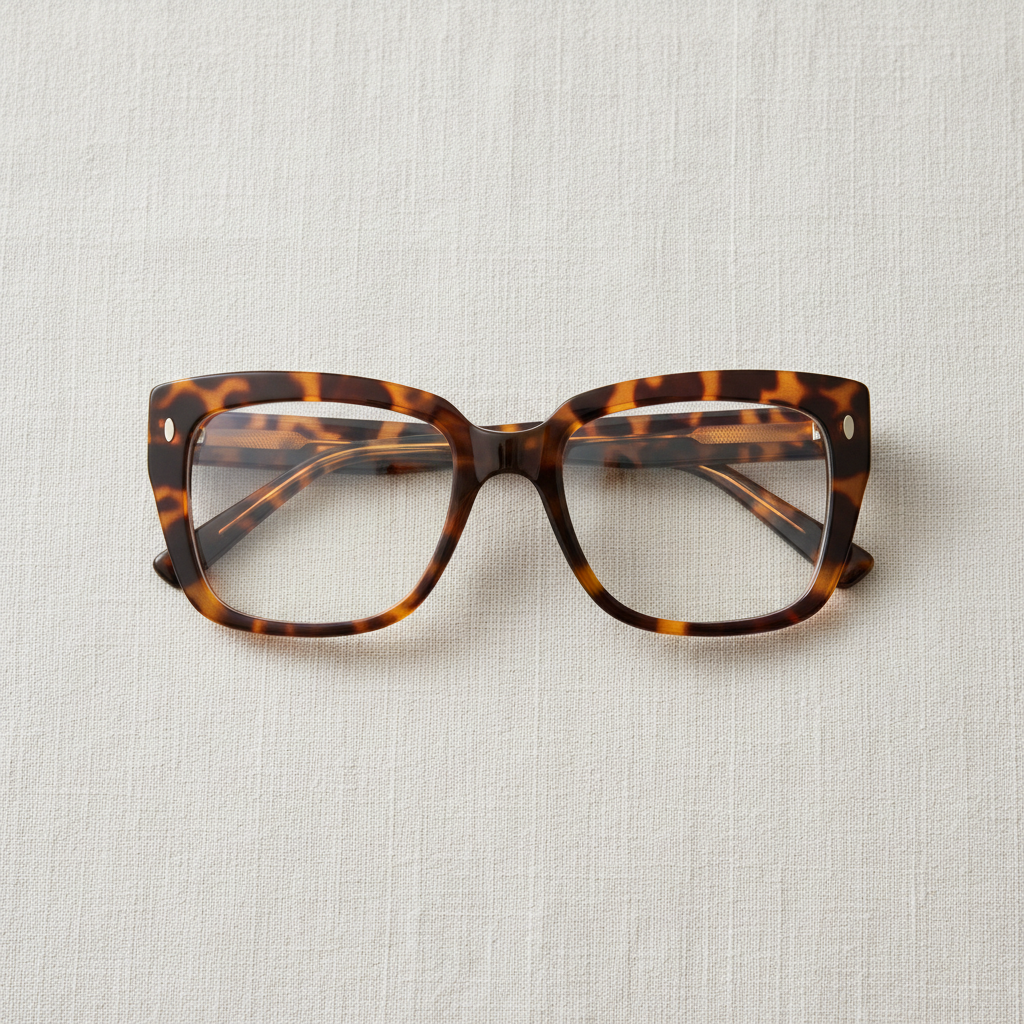 Oversized tortoiseshell acetate frames laid flat on pale linen — the Amalfi style