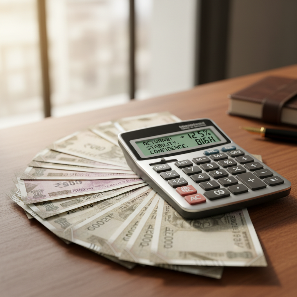 Tax documents and calculator on desk with Indian rupee symbol