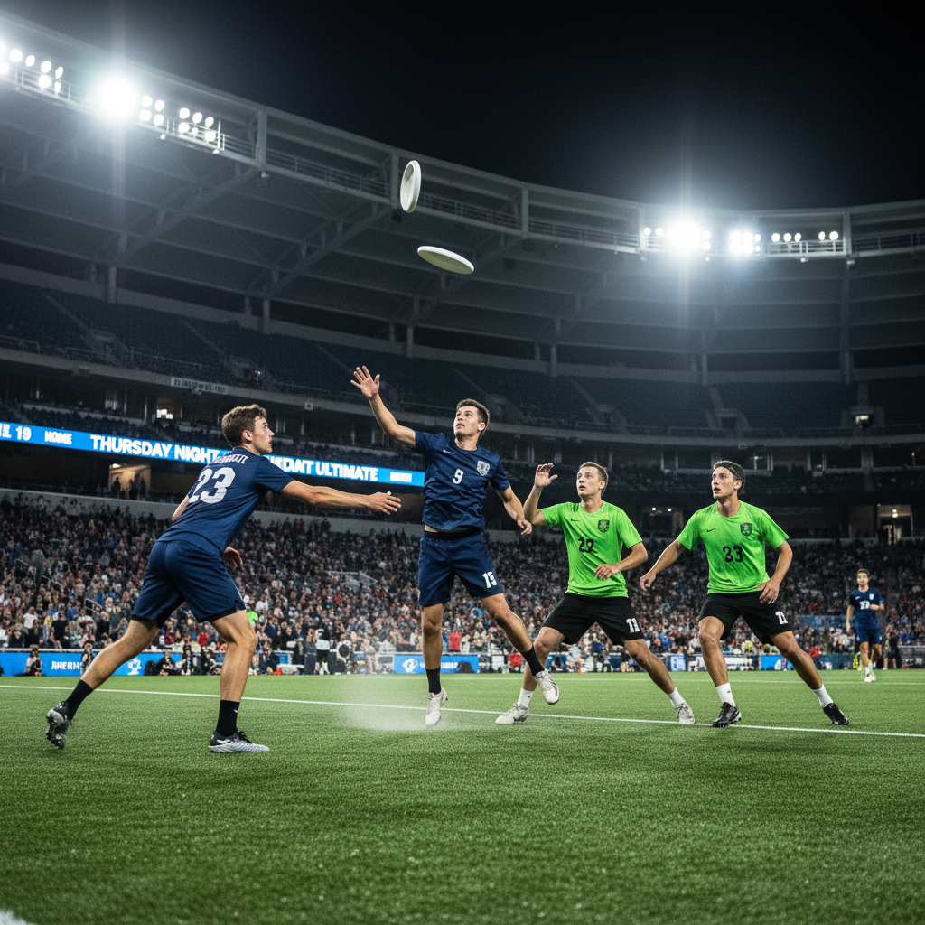 Ultimate frisbee players competing under stadium lights during a Thursday night league game, disc in mid-flight