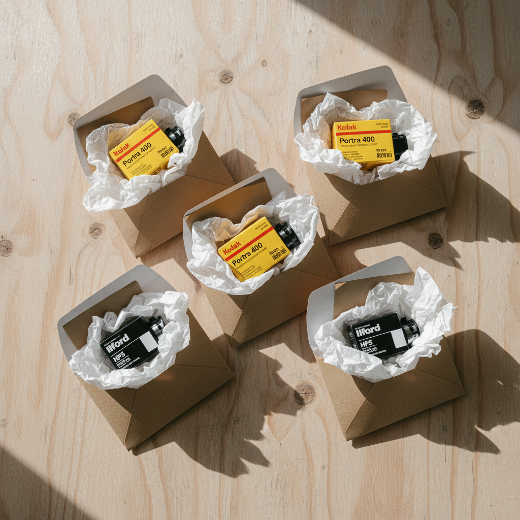 Overhead view of opened wholesale film shipment on raw birch plywood — five boxed rolls of Kodak and Ilford film in kraft mailer with tissue paper and packing slip, diagonal window light