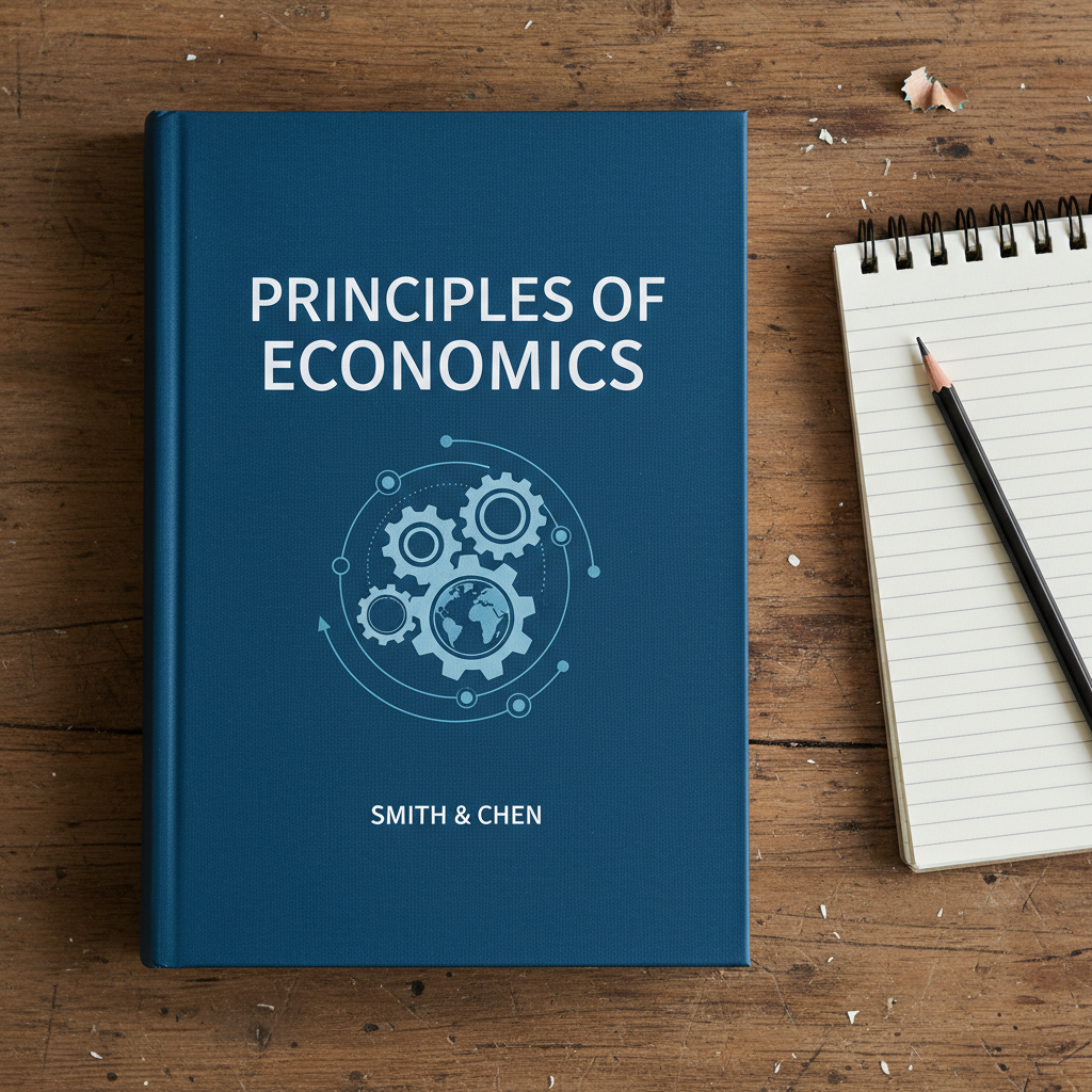 Economics textbook with sticky note bookmarks on a wooden desk, dim lighting