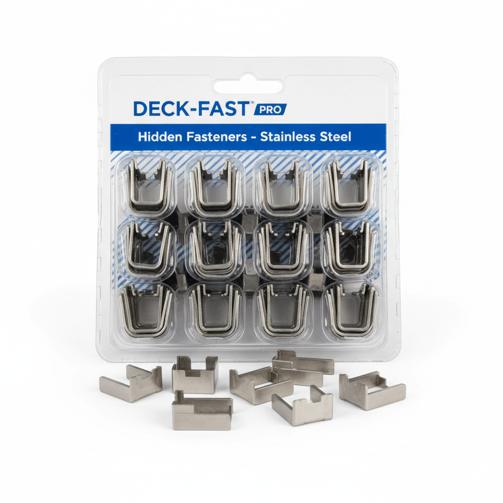 Stainless steel hidden deck fastener clips in packaging
