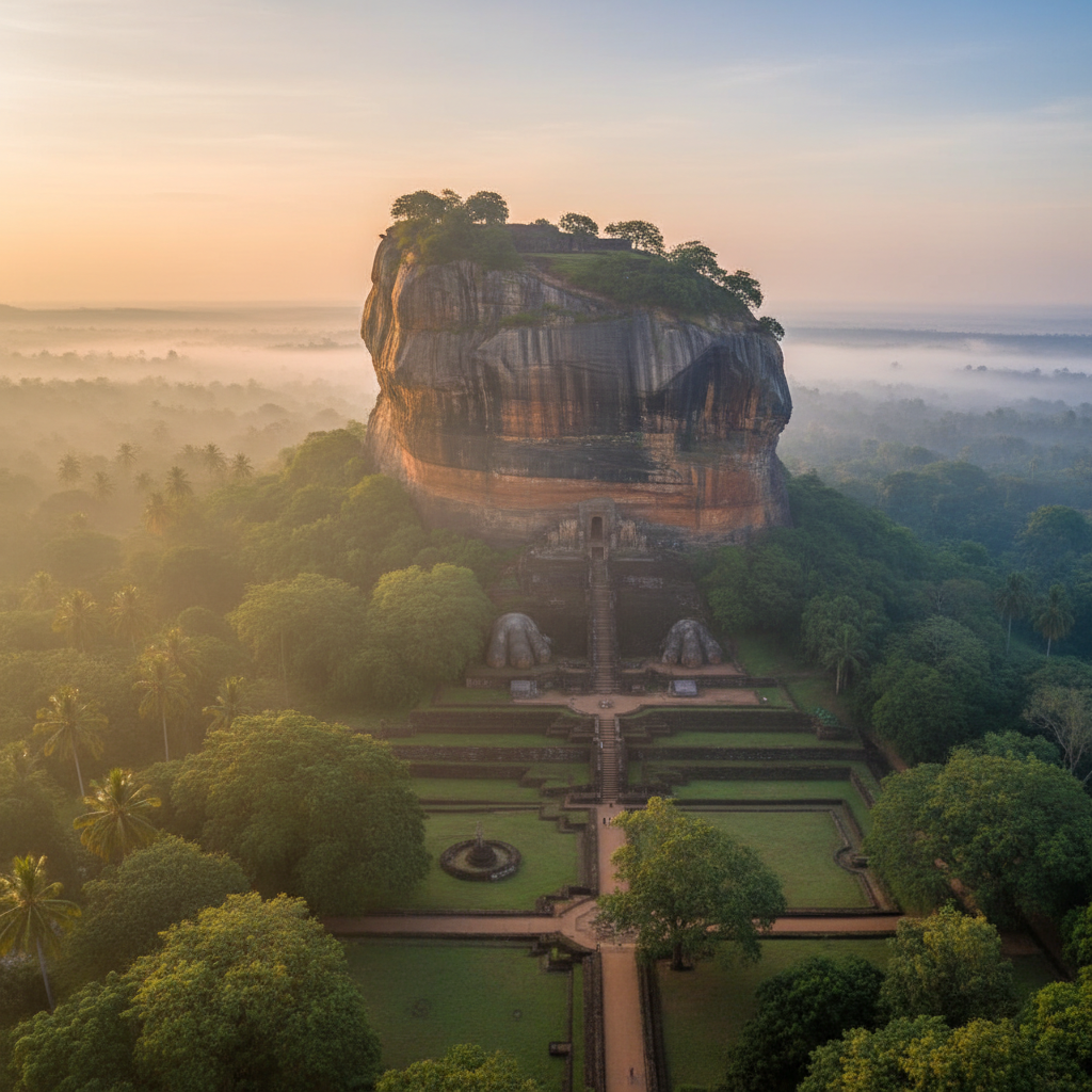 Sigiriya Rock Fortress towering over Sri Lanka jungle at golden sunrise, ancient frescoes visible