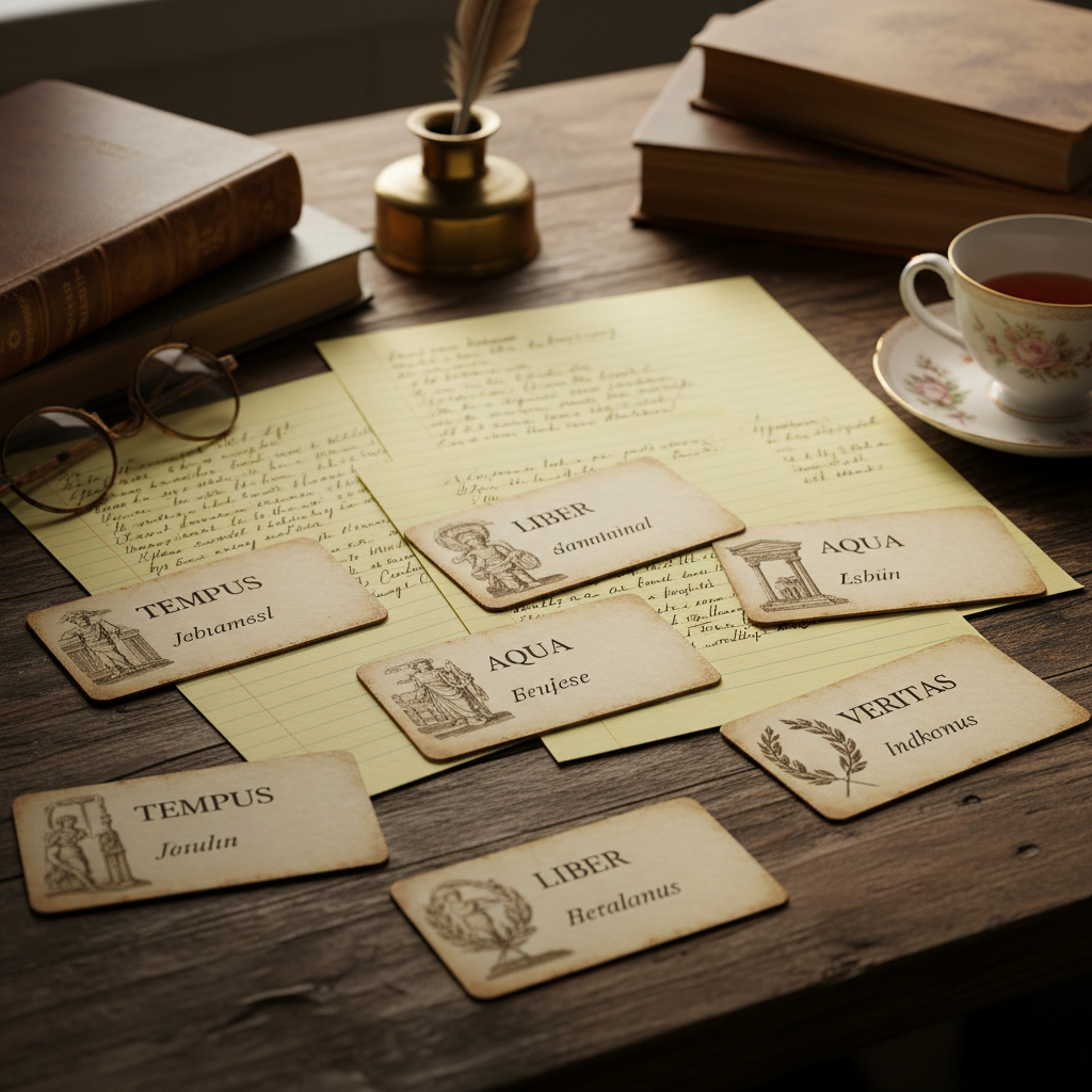 Vintage-style Latin flashcards and handwritten vocabulary notes spread on wooden desk