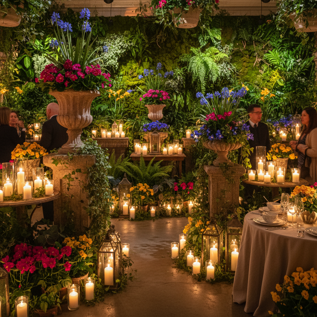 Enchanted garden themed event with lush greenery, fairy lights, and whimsical floral arrangements