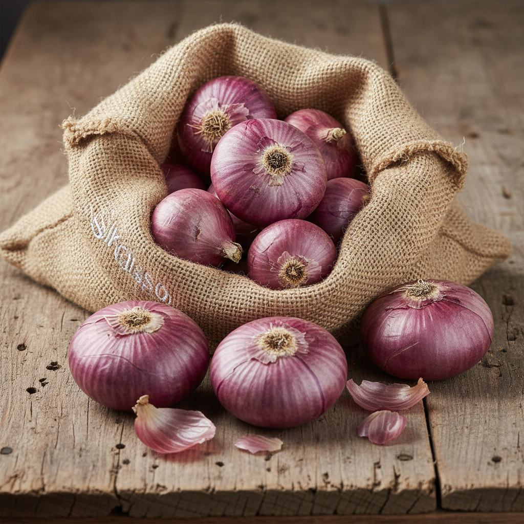 Fresh Egyptian yellow onions in export mesh bags — firm bulbs with golden-brown dry skin, uniform size