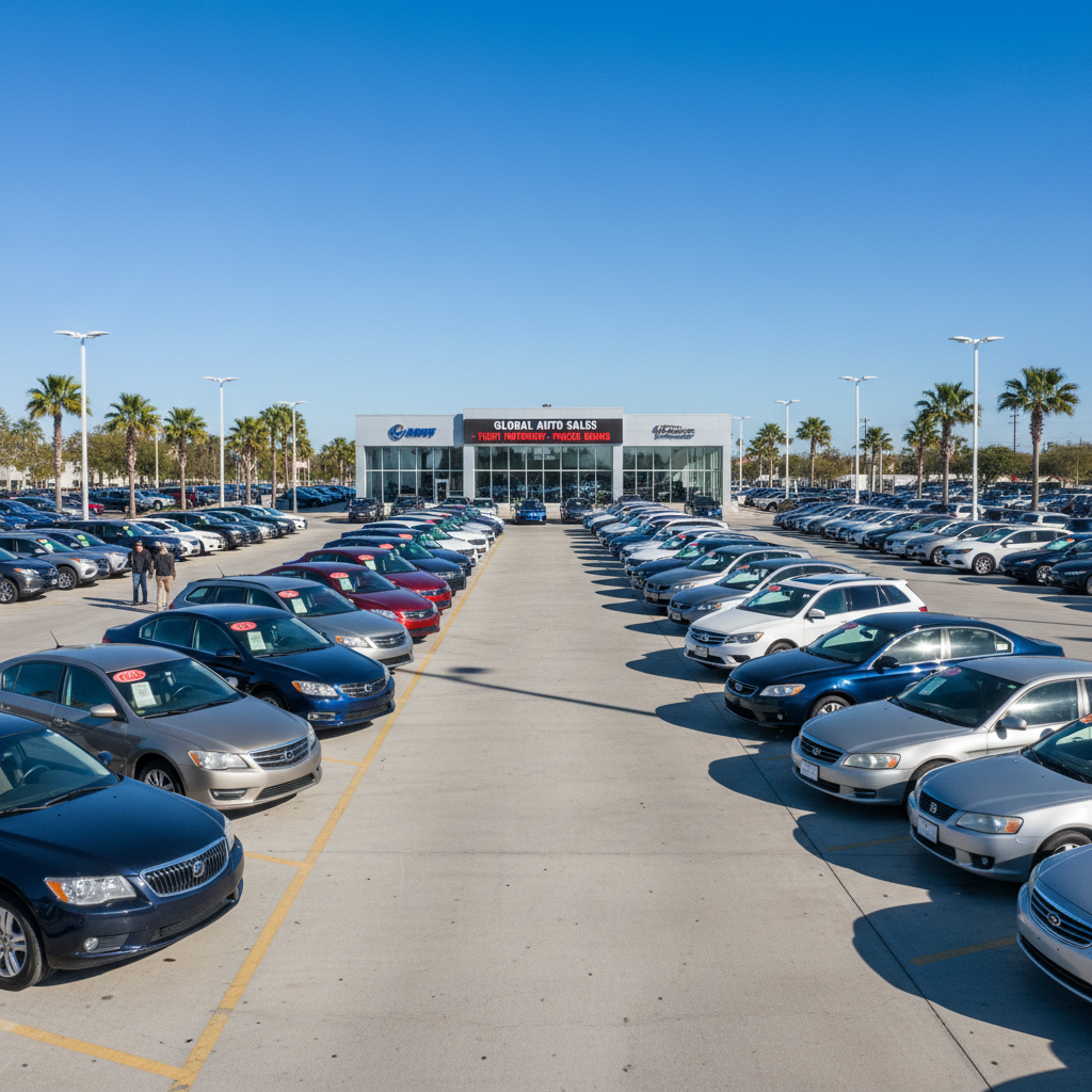 Used car lot with rows of pre-owned vehicles under blue sky, representing the 2026 used car market with tightening inventory