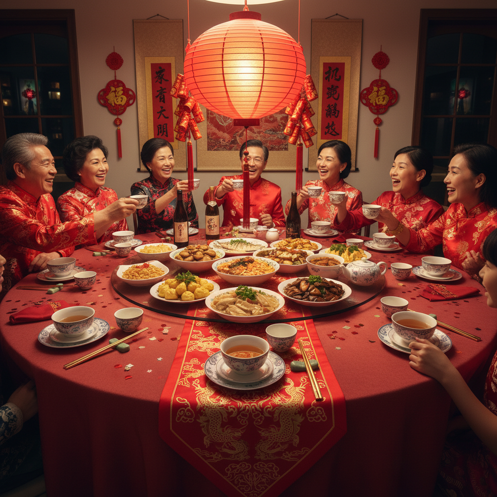 Intimate family Lunar New Year dinner with red table runner, gold chopstick sets and paper lantern centerpiece in suburban home