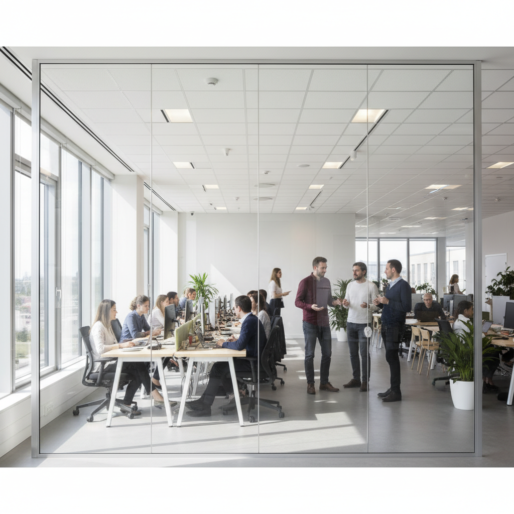 Double-glazed acoustic glass partition in busy co-working space