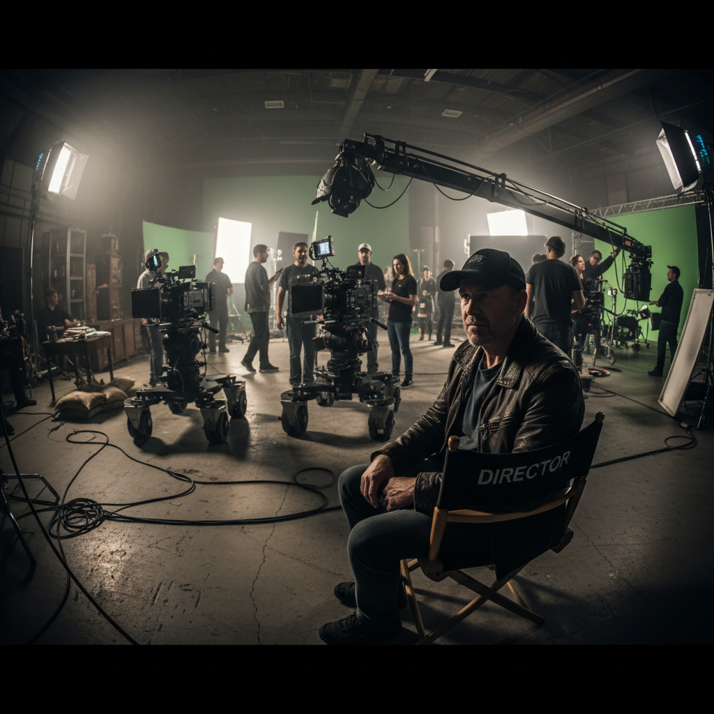 Director chair on dark film set with dramatic side lighting, atmospheric low-key shadows