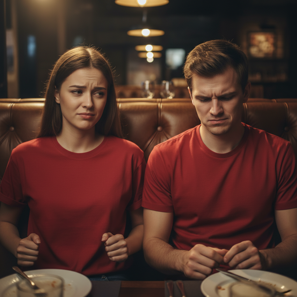 Couple in matching plain red t-shirts looking awkward in a restaurant booth