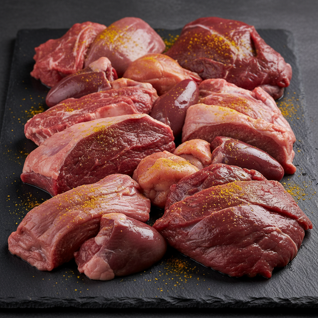 Deep red lamb muscle meat with lighter organ pieces and a sprinkle of turmeric on a slate board