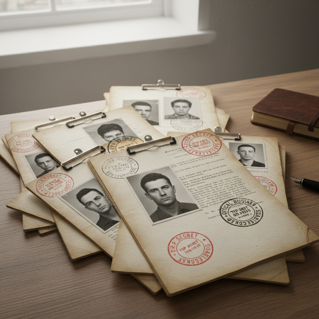 Stack of aged card stock suspect dossiers with typewriter font, black and white portrait photos, and official stamps