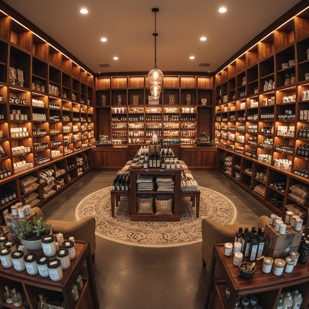 Artisan specialty food store with warm wood shelving