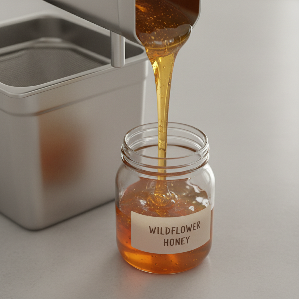 Raw wildflower honey pouring in a thick amber stream from an uncapping tank into a glass jar