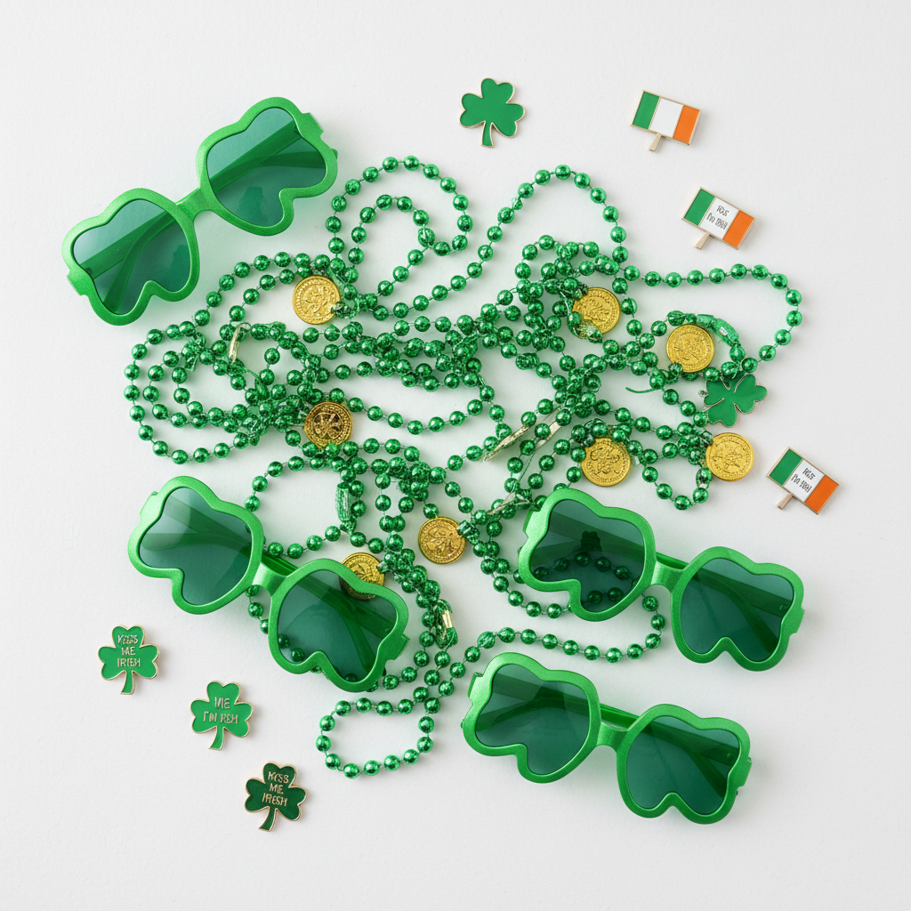 Flat lay of St. Patrick's Day accessories including green beaded necklaces, shamrock sunglasses, and clover pins all under ten dollars
