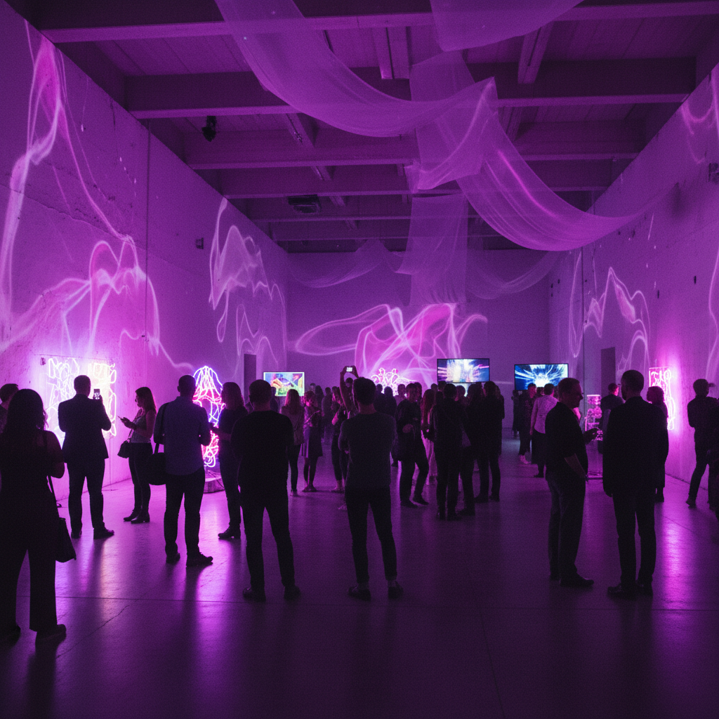 Crowd at art exhibition with purple projection light filling the space