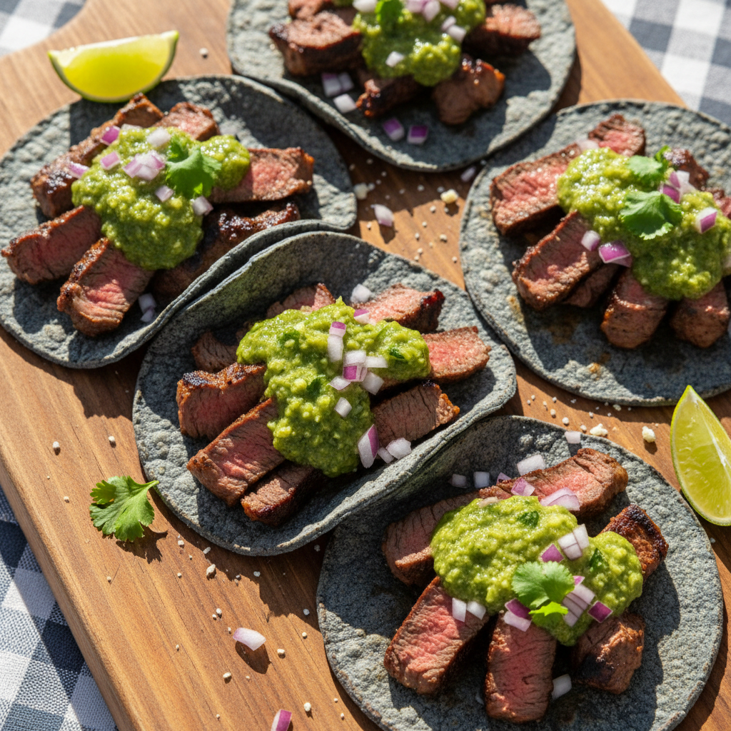 Overhead shot of carne asada tacos on a blue corn tortilla with salsa verde