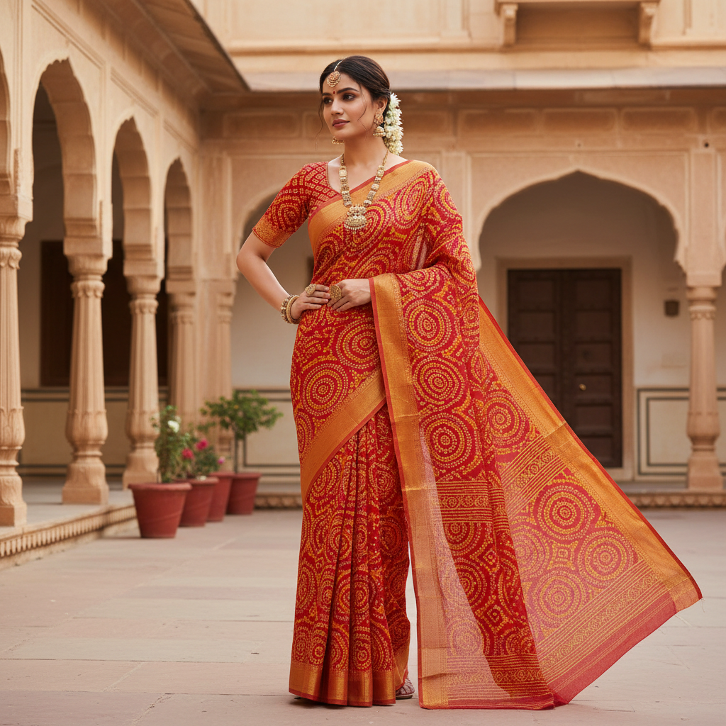Indian woman in vibrant bandhani tie-dye saree, traditional draping