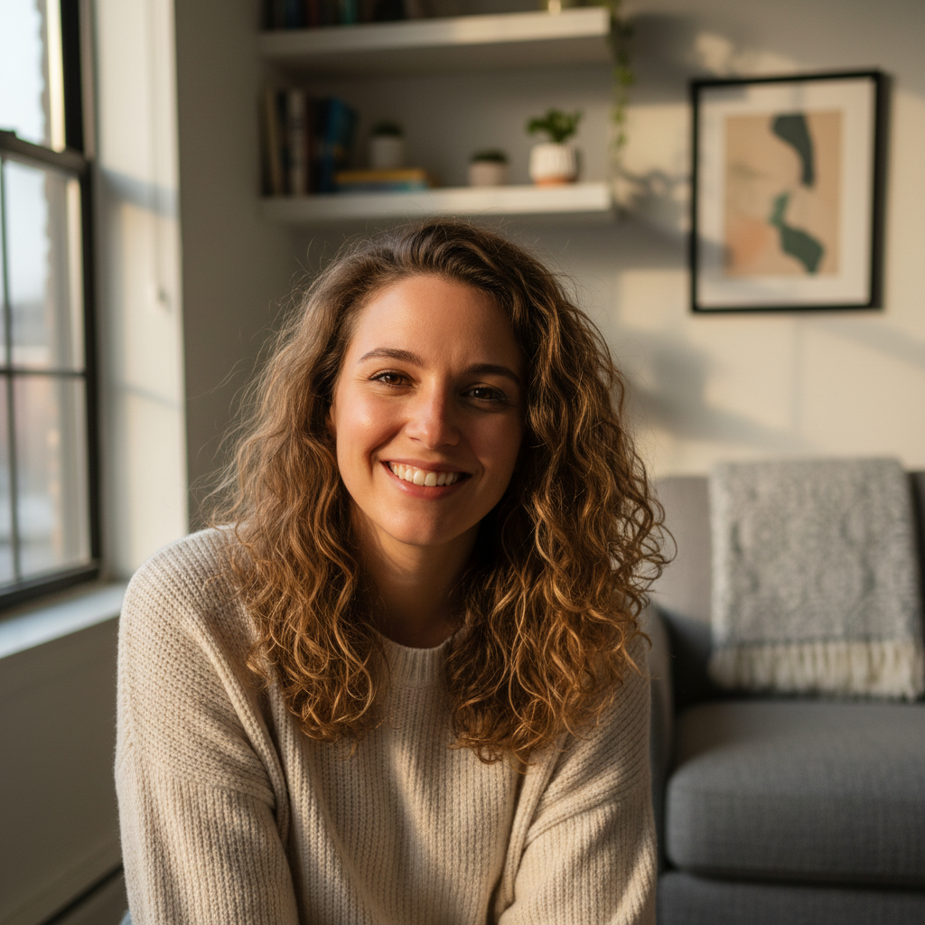Olivia Chen, 31, UX designer in Brooklyn, smiling in warm natural light at home