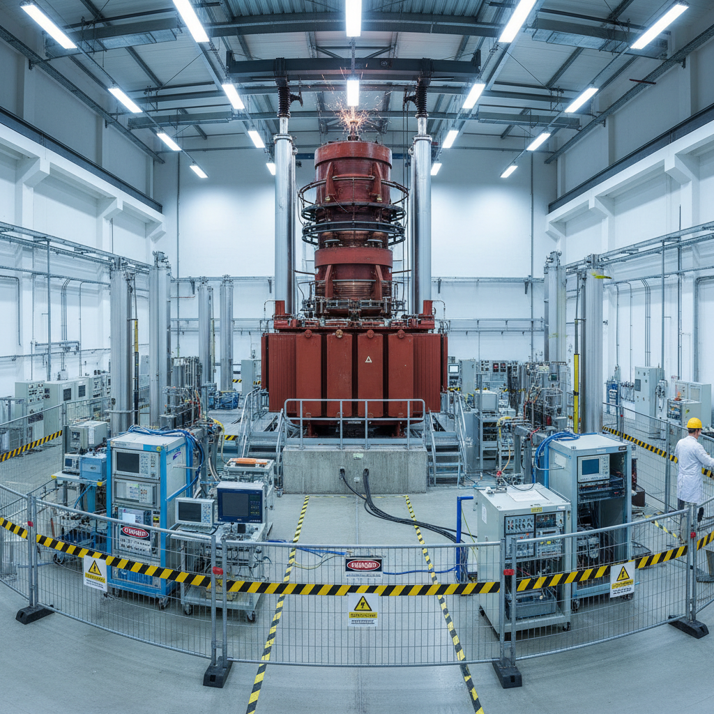 High voltage electrical testing laboratory with transformer under test, measurement equipment and safety barriers