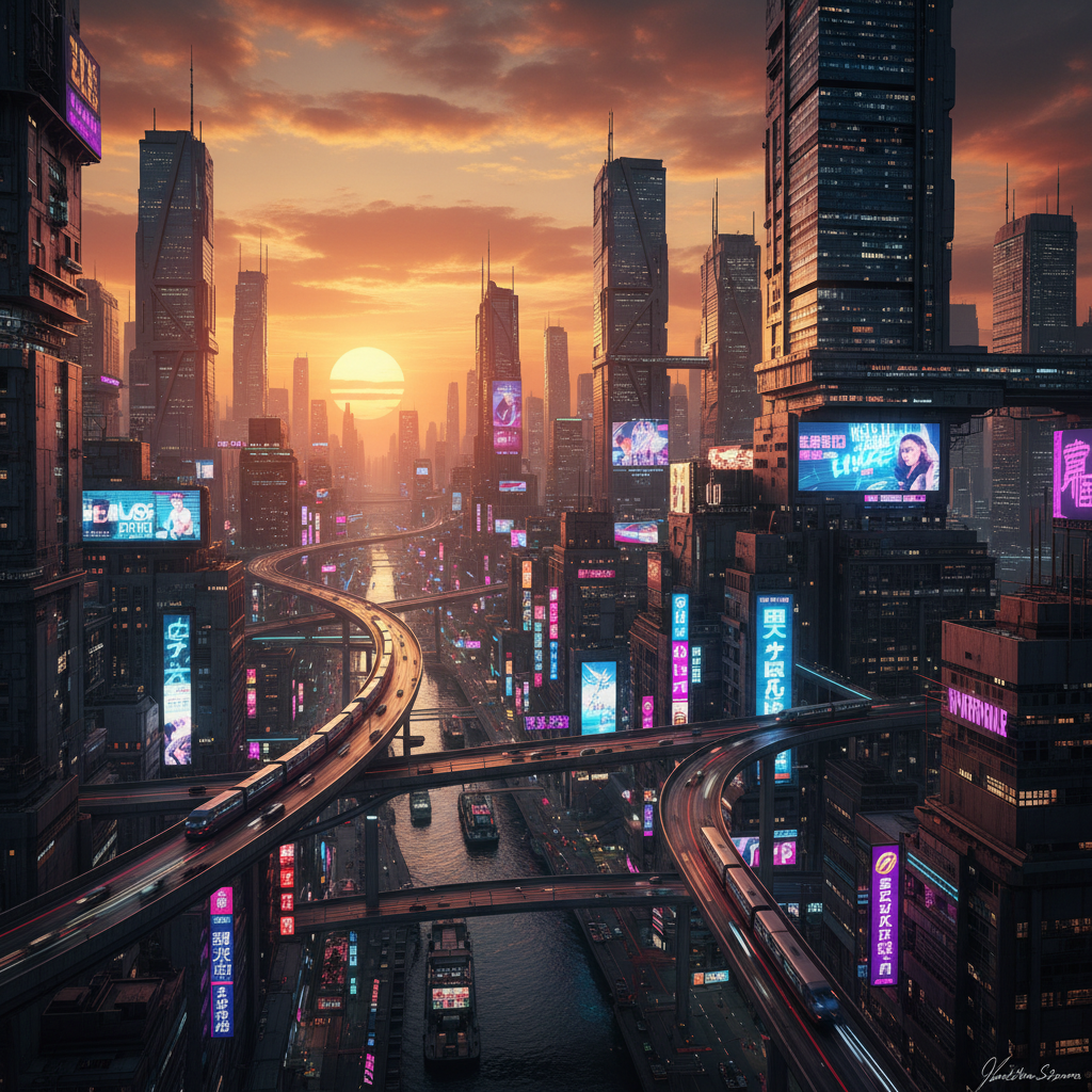 Neon-lit cyberpunk cityscape at night with electric blue ambient glow