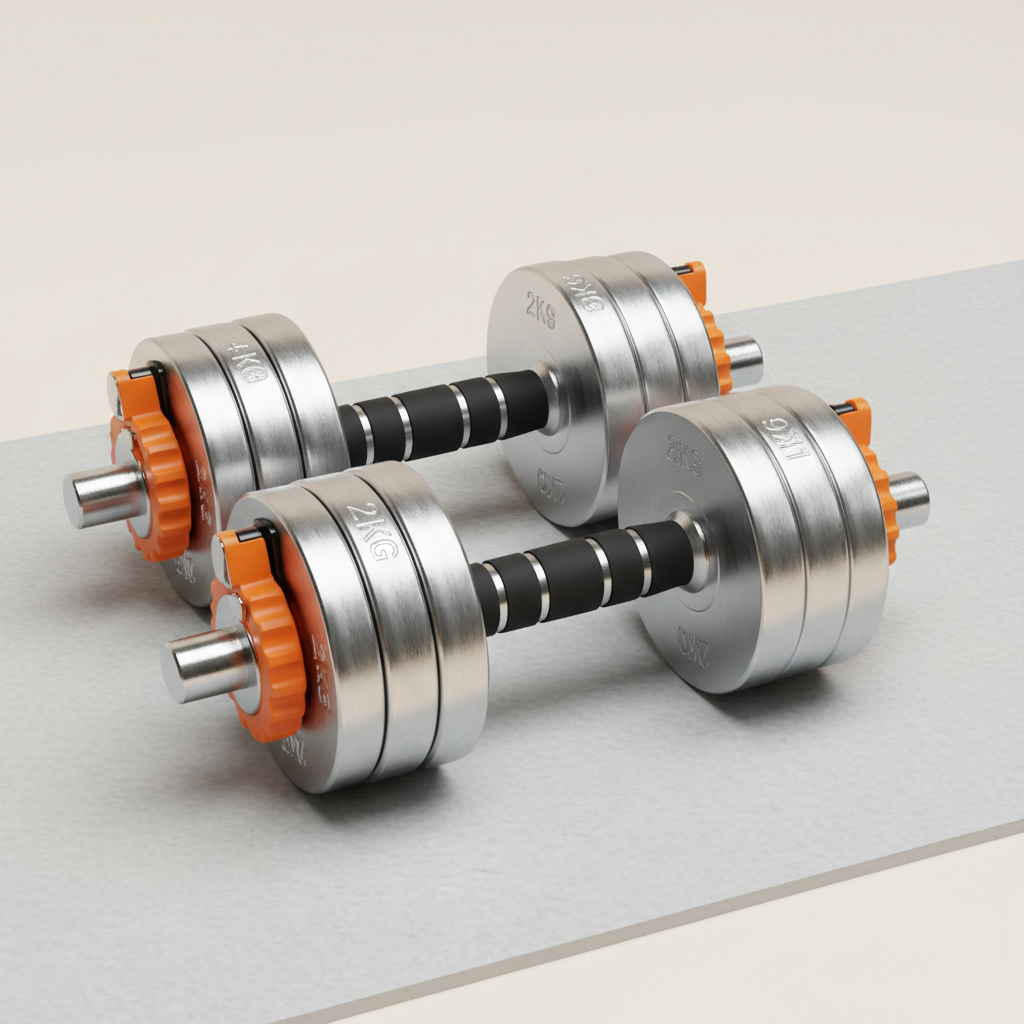 Adjustable dumbbell set with weight selector on gym floor