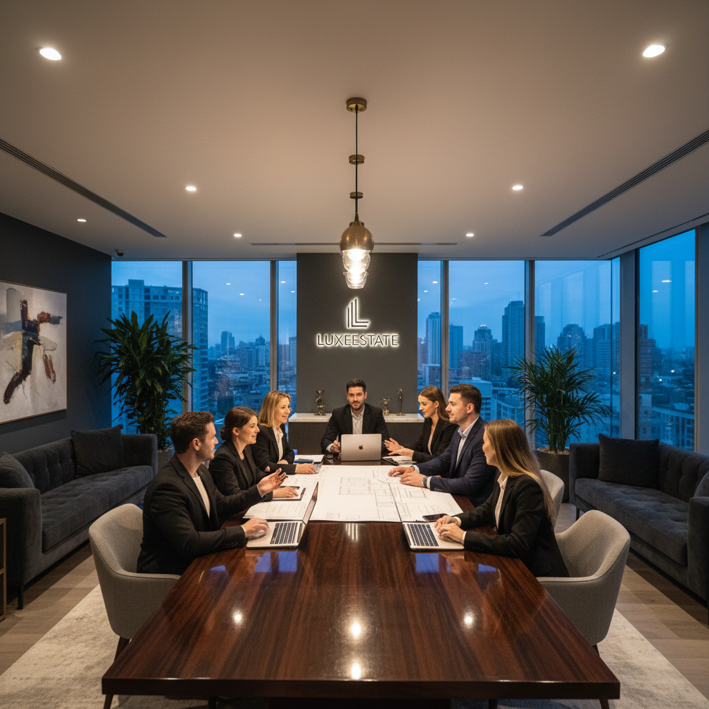 Professional executive concierge service team in elegant office environment with warm lighting