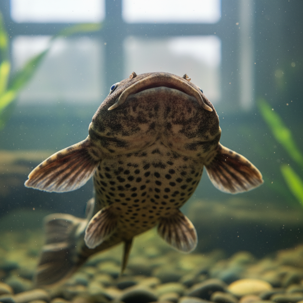 Large common plecostomus catfish clinging to aquarium glass with spotted pattern