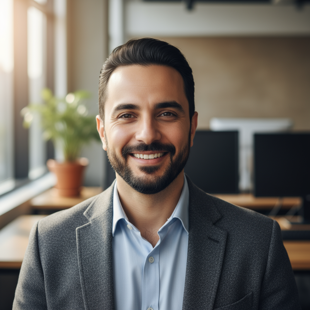 Moroccan man in his thirties, short dark hair, casual shirt, neutral background, warm natural lighting