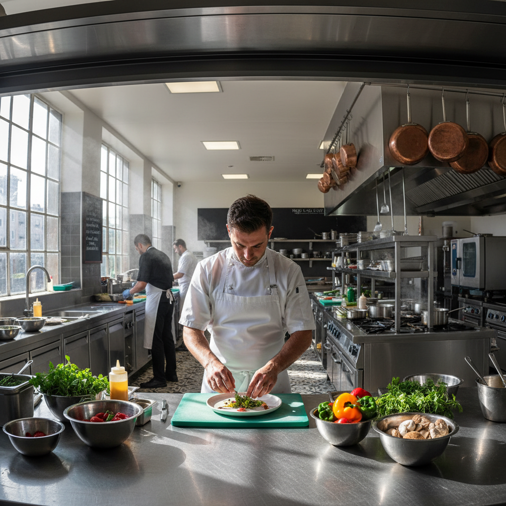 Chef Arjun Mehta in a professional kitchen plating an elegant modern Indian dish