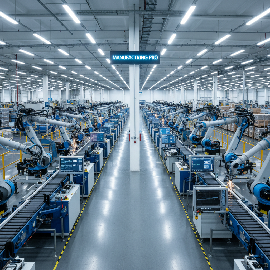 Robotic arm performing precision manufacturing task in modern automated factory with blue lighting