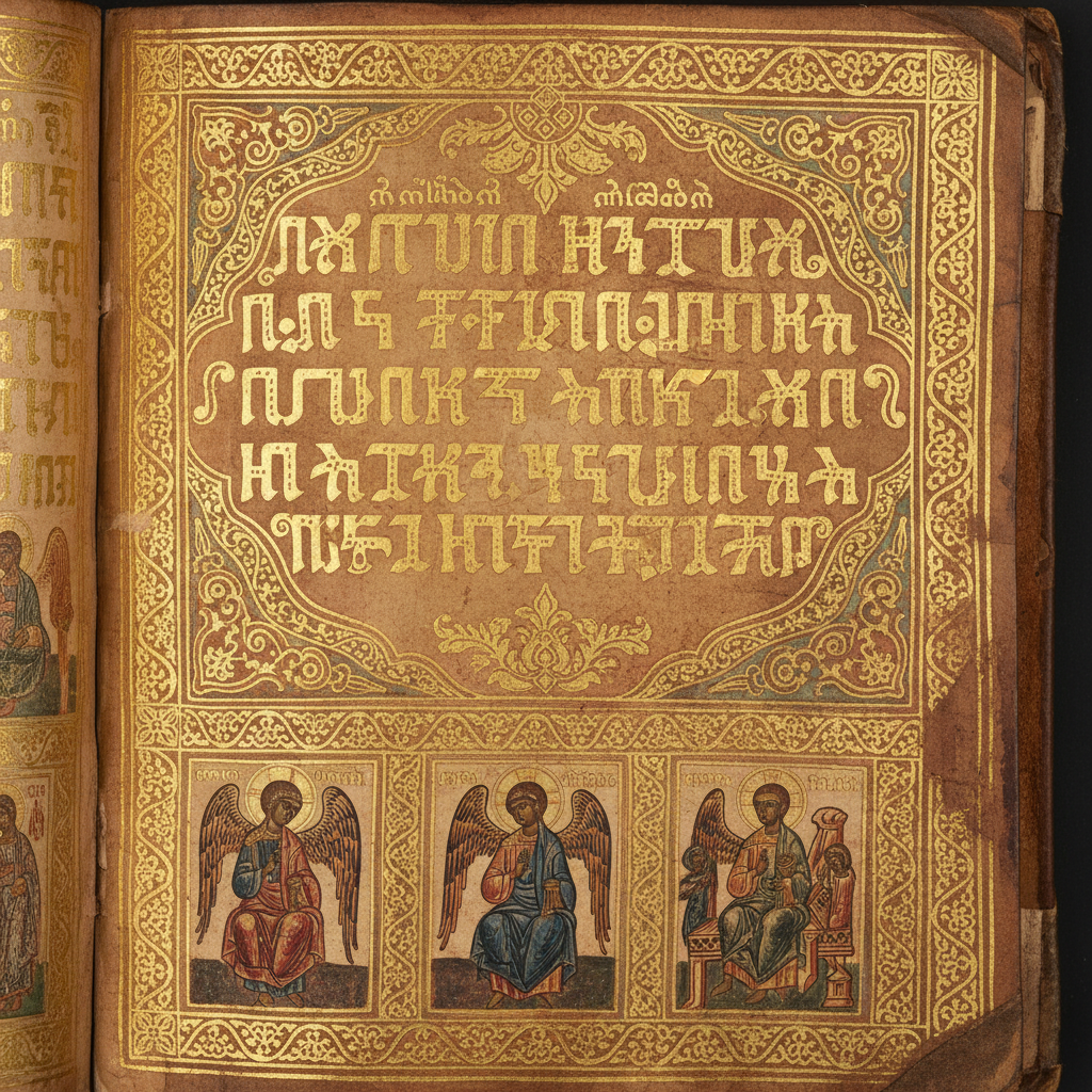 Ancient Ethiopian manuscripts on parchment with Ge'ez script, warm candlelight