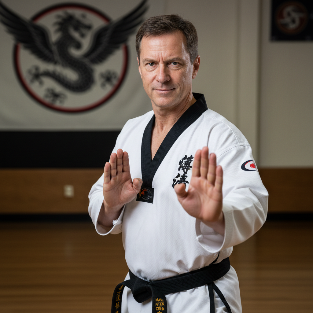 Confident male martial arts instructor in black uniform with arms crossed standing in taekwondo studio