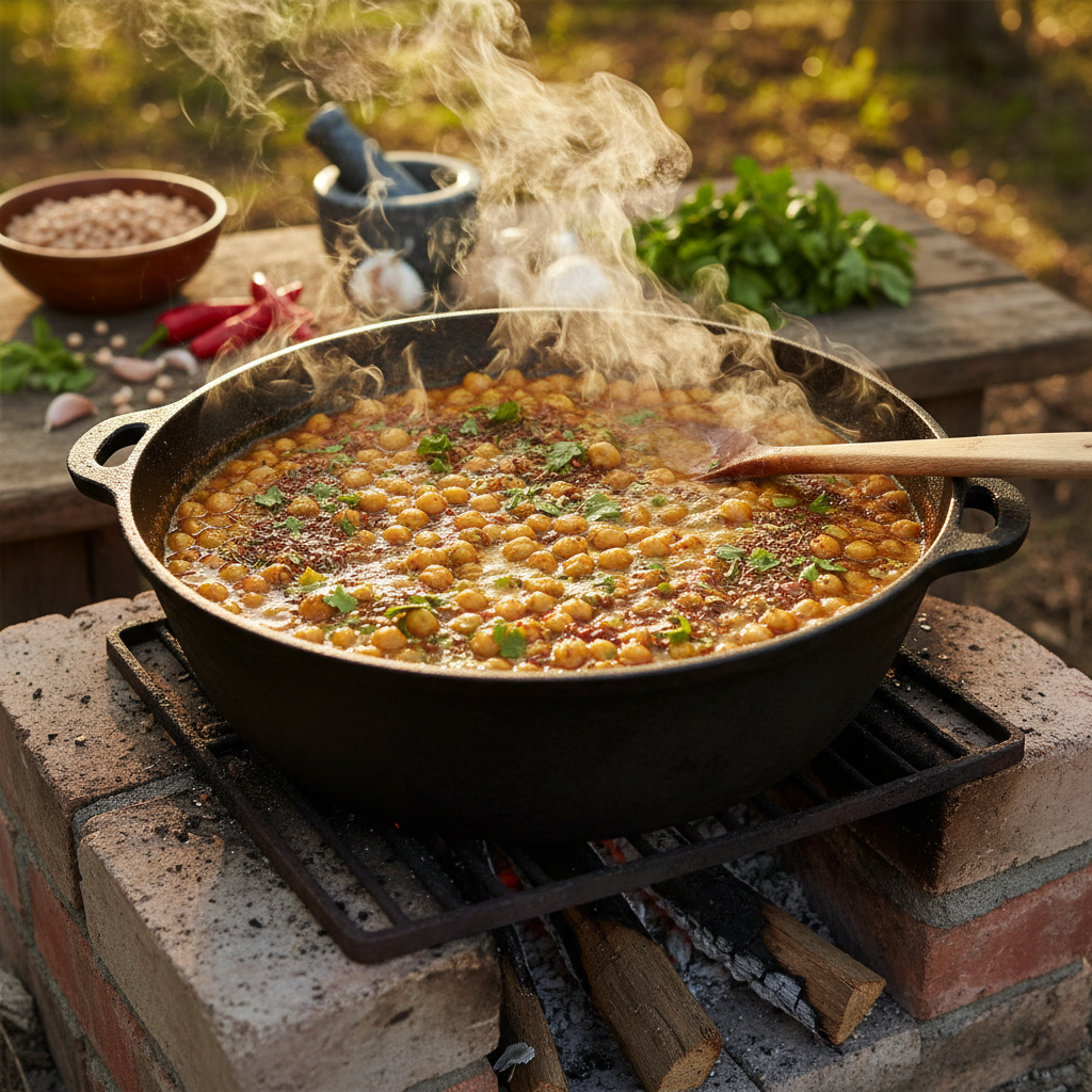 Steaming pot of chickpeas and spiced filling on an outdoor stove