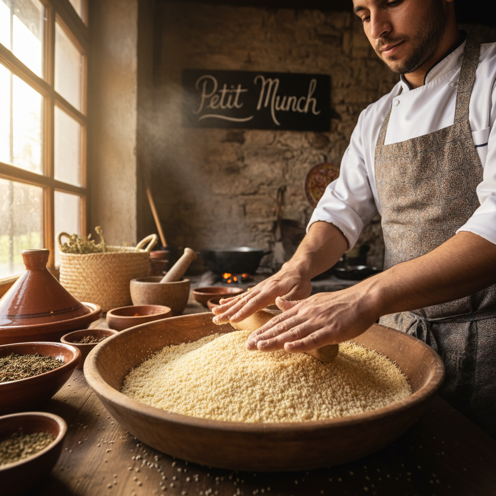 Hands rolling couscous semolina between open palms in a circular motion on a wooden board