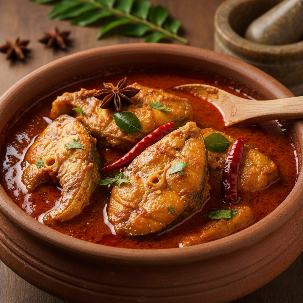 Malvani fish curry — deep red gravy with whole spices, pieces of pomfret visible, coconut oil sheen on surface