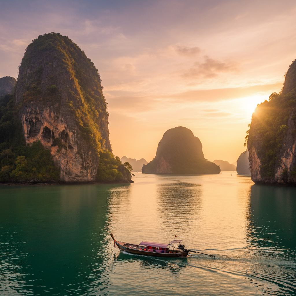 Phuket limestone karsts rising from emerald bay at golden hour, traditional longtail boat, dramatic shadows