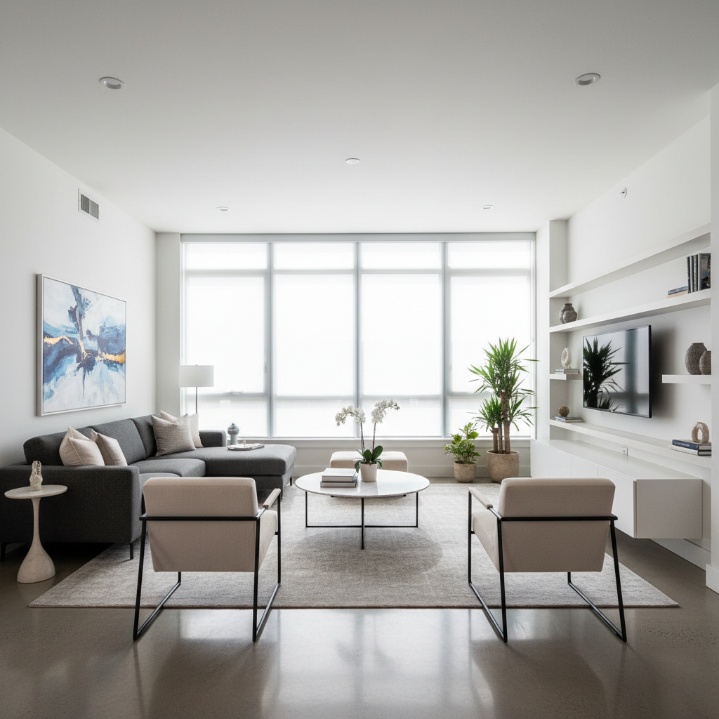 Clean new apartment after construction cleanup, bright open space, polished floors