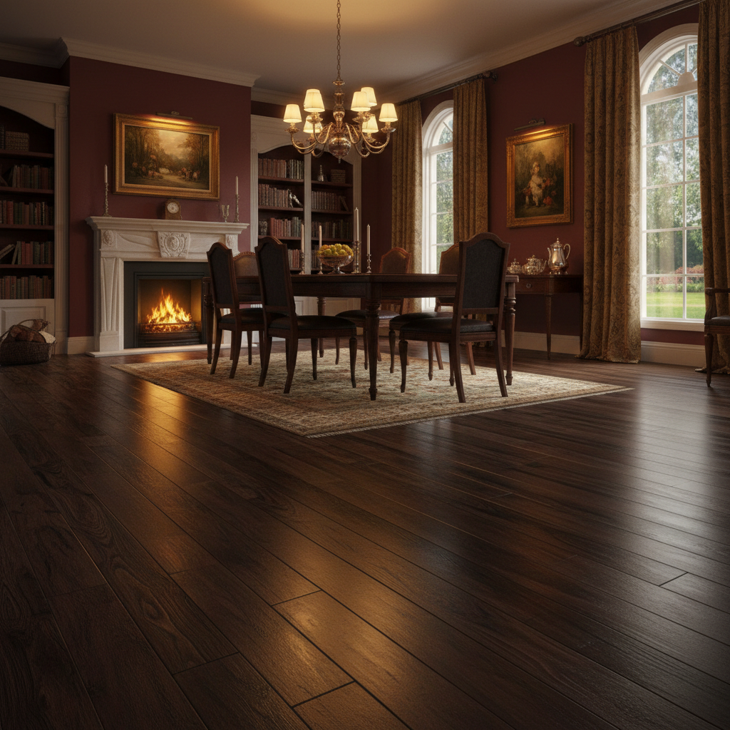 Dark stained engineered hardwood floor in a classic dining room with warm overhead lighting