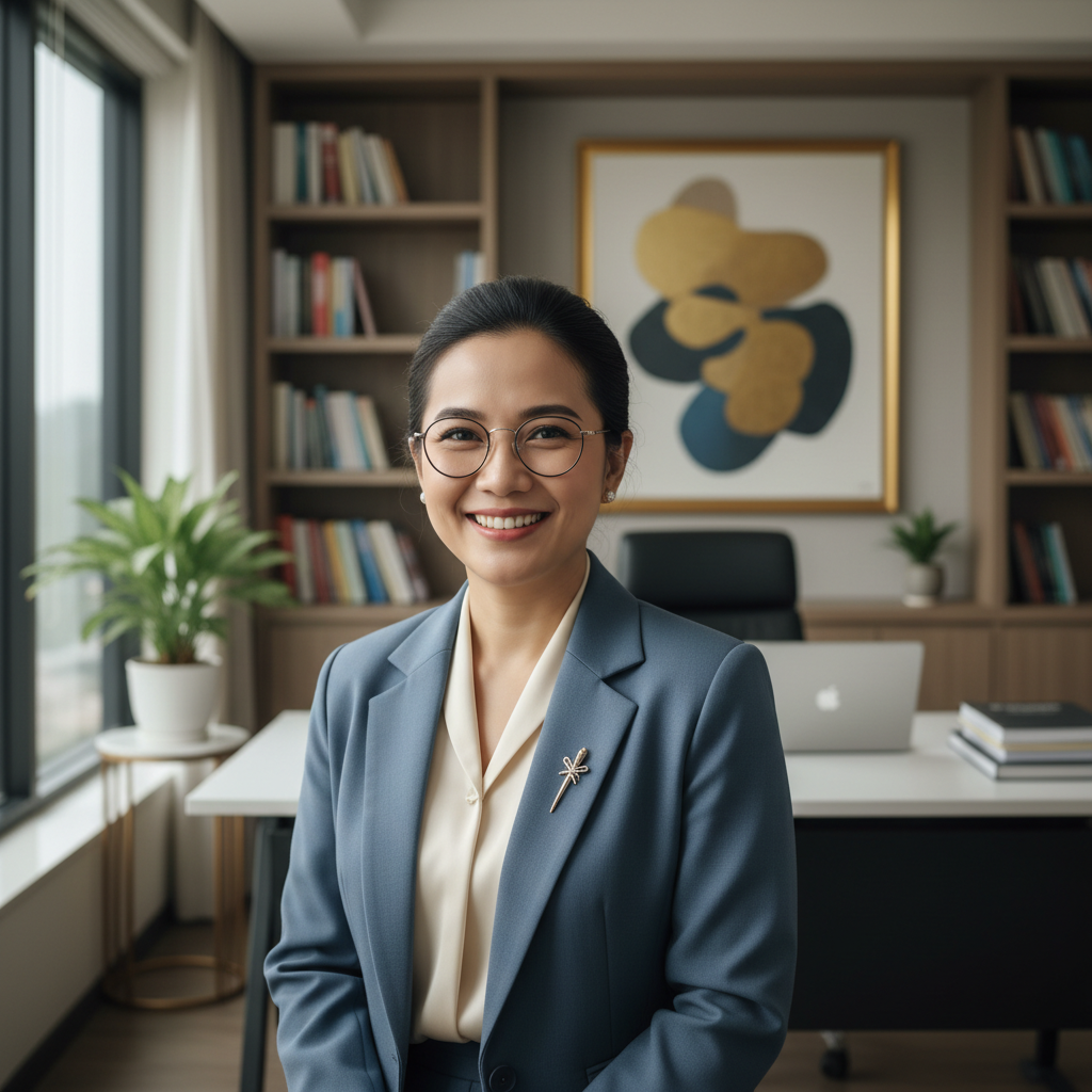 Professional East Asian woman smiling, academic environment, well-lit office