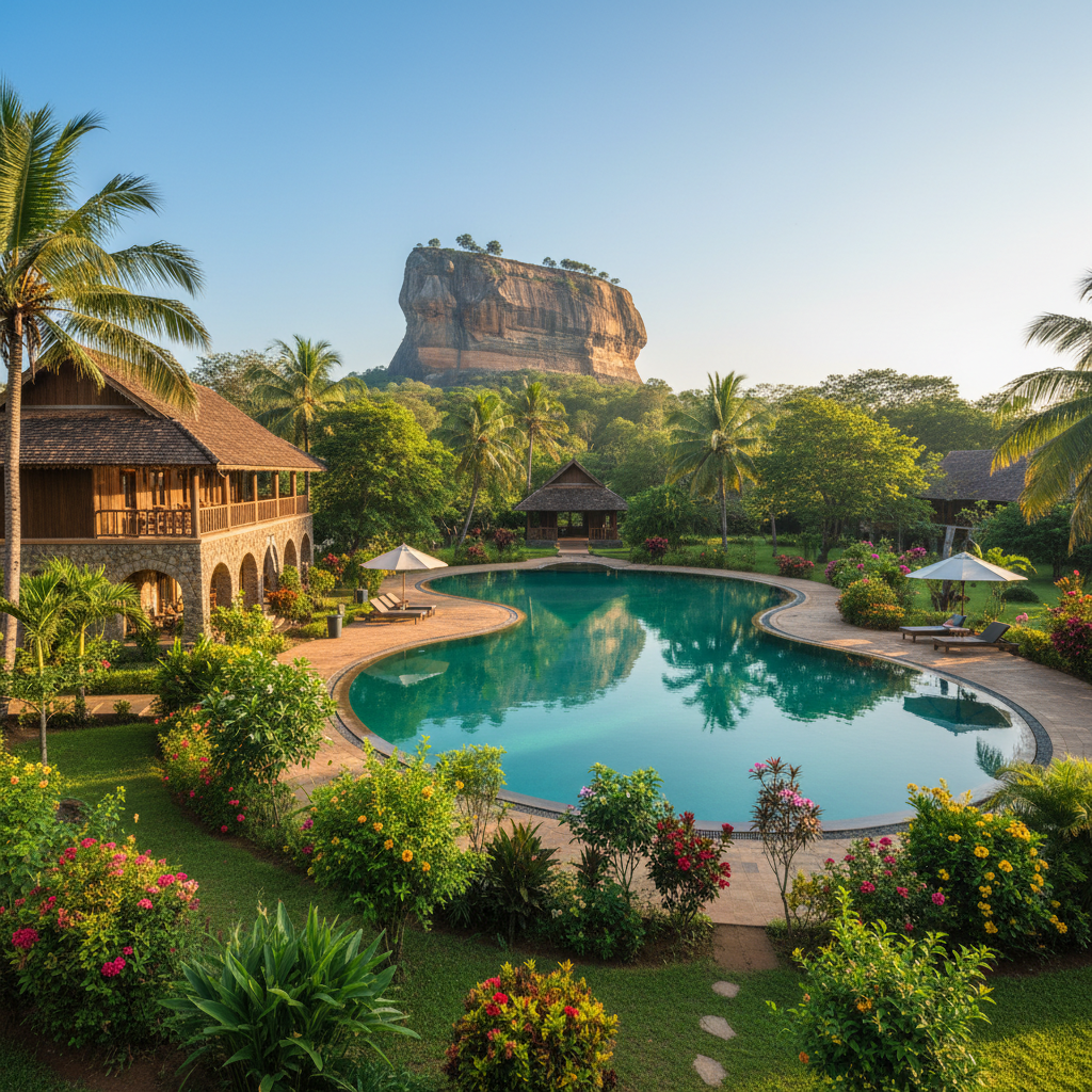 Sigiriya Rock Fortress towering over dense green Sri Lanka jungle, dramatic blue sky with white clouds, UNESCO World Heritage site