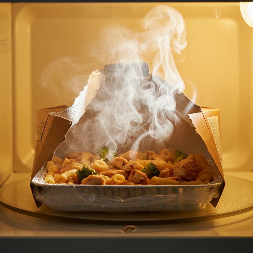 Frozen meal box torn open mid-microwave with steam rising