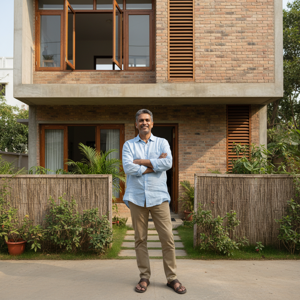 South Indian man homeowner, confident pose, home background