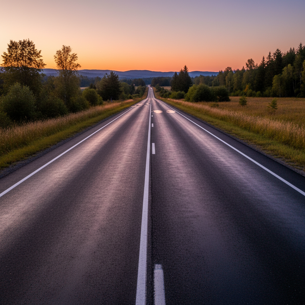 Freshly paved county road stretching into the horizon at dusk, lanes laser-straight